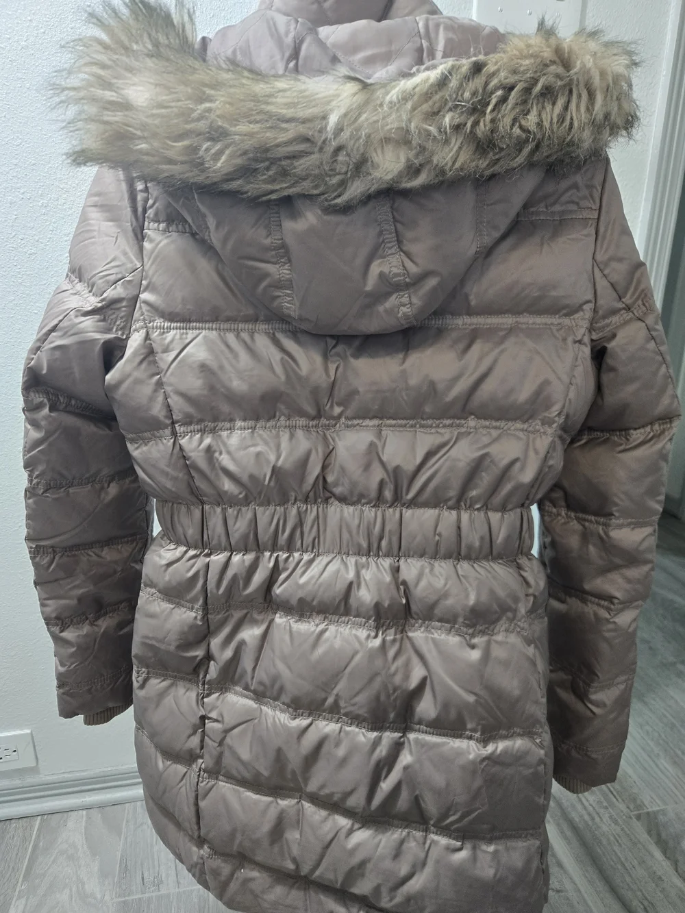 Juicy Couture Women's Taupe Puffer Coat with Faux Fur Trim
